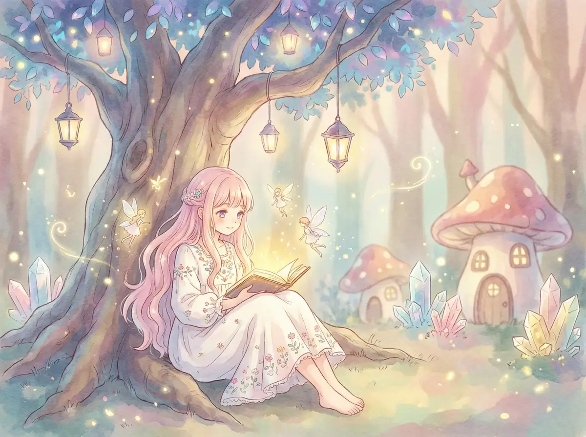 マドンナ - 魔法森林中阅读故事书的粉发少女与精灵